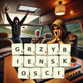Kreatywna ilustracja do gry w Scrabble ze słowem GRZYBIENSKOSCI ułożonym z płytek na planszy.