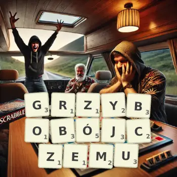 Kreatywna ilustracja do gry w Scrabble ze słowem GRZYBOBÓJCZEMU ułożonym z płytek na planszy.