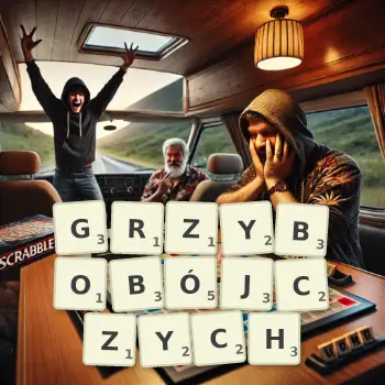 Kreatywna ilustracja do gry w Scrabble ze słowem GRZYBOBÓJCZYCH ułożonym z płytek na planszy.