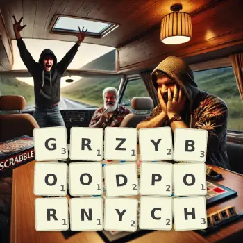 Kreatywna ilustracja do gry w Scrabble ze słowem GRZYBOODPORNYCH ułożonym z płytek na planszy.