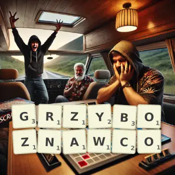 Kreatywna ilustracja do gry w Scrabble ze słowem GRZYBOZNAWCO ułożonym z płytek na planszy.