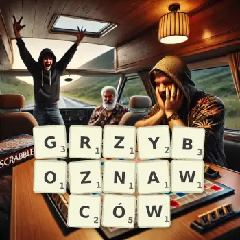 Kreatywna ilustracja do gry w Scrabble ze słowem GRZYBOZNAWCÓW ułożonym z płytek na planszy.