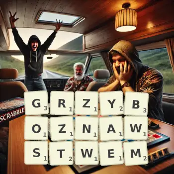 Kreatywna ilustracja do gry w Scrabble ze słowem GRZYBOZNAWSTWEM ułożonym z płytek na planszy.