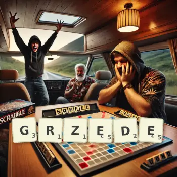 Kreatywna ilustracja do gry w Scrabble ze słowem GRZĘDĘ ułożonym z płytek na planszy.