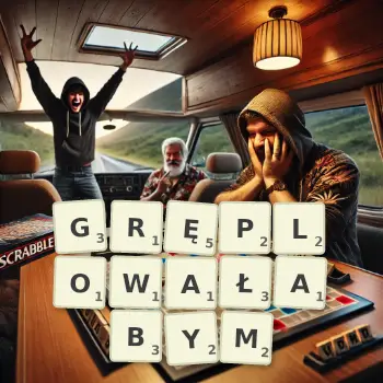 Kreatywna ilustracja do gry w Scrabble ze słowem GRĘPLOWAŁABYM ułożonym z płytek na planszy.