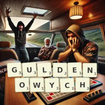 Kreatywna ilustracja do gry w Scrabble ze słowem GULDENOWYCH ułożonym z płytek na planszy.