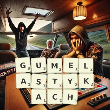 Kreatywna ilustracja do gry w Scrabble ze słowem GUMELASTYKACH ułożonym z płytek na planszy.