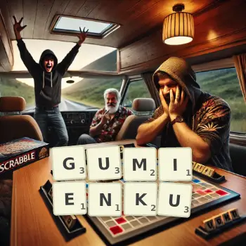 Kreatywna ilustracja do gry w Scrabble ze słowem GUMIENKU ułożonym z płytek na planszy.