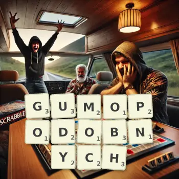 Kreatywna ilustracja do gry w Scrabble ze słowem GUMOPODOBNYCH ułożonym z płytek na planszy.