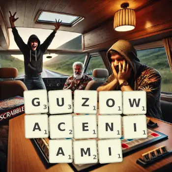 Kreatywna ilustracja do gry w Scrabble ze słowem GUZOWACENIAMI ułożonym z płytek na planszy.