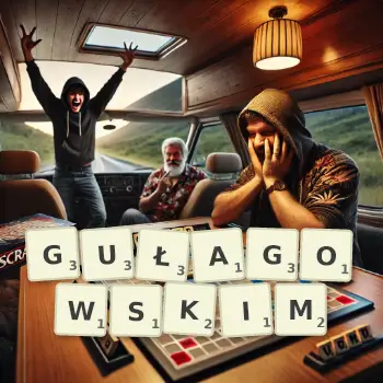 Kreatywna ilustracja do gry w Scrabble ze słowem GUŁAGOWSKIM ułożonym z płytek na planszy.