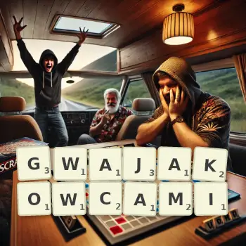 Kreatywna ilustracja do gry w Scrabble ze słowem GWAJAKOWCAMI ułożonym z płytek na planszy.
