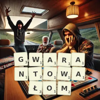 Kreatywna ilustracja do gry w Scrabble ze słowem GWARANTOWAŁOM ułożonym z płytek na planszy.