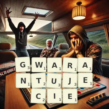 Kreatywna ilustracja do gry w Scrabble ze słowem GWARANTUJECIE ułożonym z płytek na planszy.