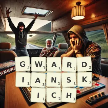 Kreatywna ilustracja do gry w Scrabble ze słowem GWARDIANSKICH ułożonym z płytek na planszy.