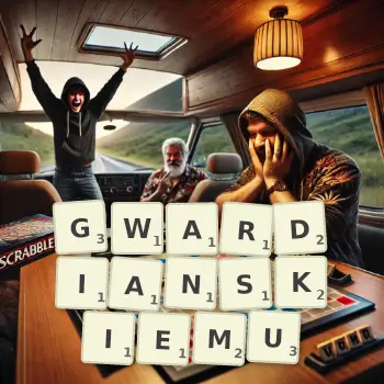 Kreatywna ilustracja do gry w Scrabble ze słowem GWARDIANSKIEMU ułożonym z płytek na planszy.