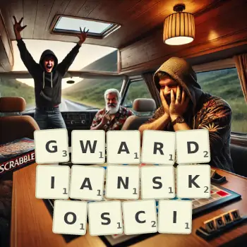 Kreatywna ilustracja do gry w Scrabble ze słowem GWARDIANSKOSCI ułożonym z płytek na planszy.