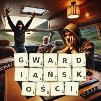 Kreatywna ilustracja do gry w Scrabble ze słowem GWARDIAŃSKOŚCI ułożonym z płytek na planszy.