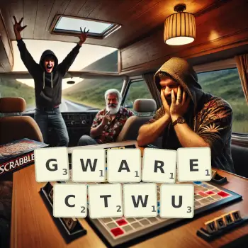Kreatywna ilustracja do gry w Scrabble ze słowem GWARECTWU ułożonym z płytek na planszy.