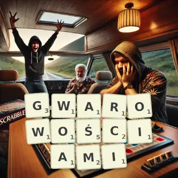 Kreatywna ilustracja do gry w Scrabble ze słowem GWAROWOŚCIAMI ułożonym z płytek na planszy.