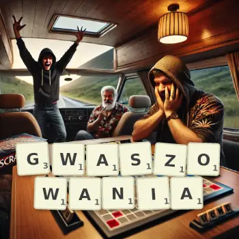 Kreatywna ilustracja do gry w Scrabble ze słowem GWASZOWANIA ułożonym z płytek na planszy.