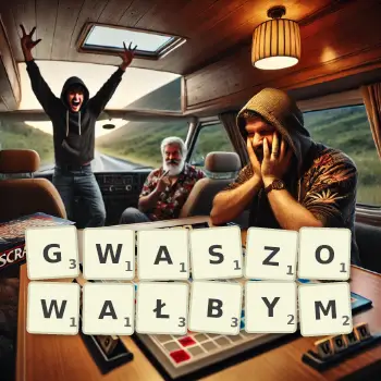 Kreatywna ilustracja do gry w Scrabble ze słowem GWASZOWAŁBYM ułożonym z płytek na planszy.