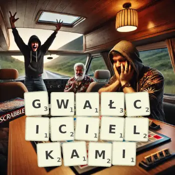 Kreatywna ilustracja do gry w Scrabble ze słowem GWAŁCICIELKAMI ułożonym z płytek na planszy.