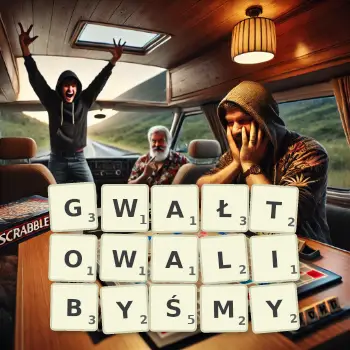 Kreatywna ilustracja do gry w Scrabble ze słowem GWAŁTOWALIBYŚMY ułożonym z płytek na planszy.