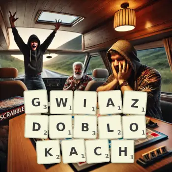 Kreatywna ilustracja do gry w Scrabble ze słowem GWIAZDOBLOKACH ułożonym z płytek na planszy.