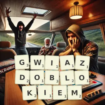 Kreatywna ilustracja do gry w Scrabble ze słowem GWIAZDOBLOKIEM ułożonym z płytek na planszy.