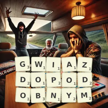 Kreatywna ilustracja do gry w Scrabble ze słowem GWIAZDOPODOBNYM ułożonym z płytek na planszy.