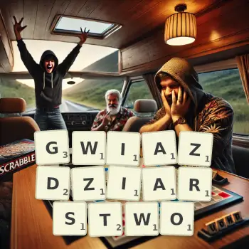 Kreatywna ilustracja do gry w Scrabble ze słowem GWIAZDZIARSTWO ułożonym z płytek na planszy.
