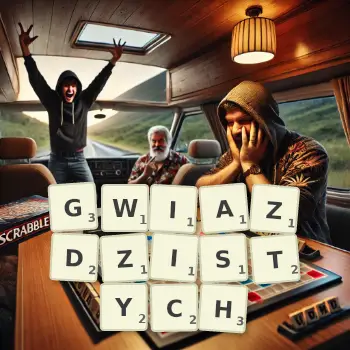 Kreatywna ilustracja do gry w Scrabble ze słowem GWIAZDZISTYCH ułożonym z płytek na planszy.