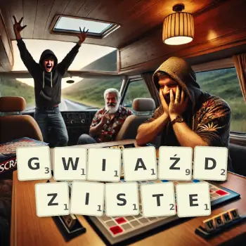 Kreatywna ilustracja do gry w Scrabble ze słowem GWIAŹDZISTE ułożonym z płytek na planszy.