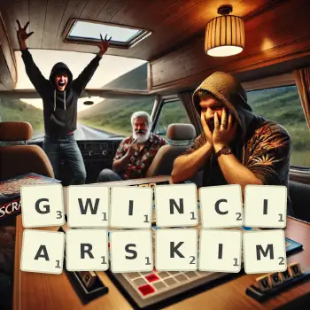 Kreatywna ilustracja do gry w Scrabble ze słowem GWINCIARSKIM ułożonym z płytek na planszy.