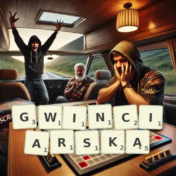 Kreatywna ilustracja do gry w Scrabble ze słowem GWINCIARSKĄ ułożonym z płytek na planszy.