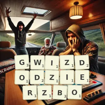 Kreatywna ilustracja do gry w Scrabble ze słowem GWIZDODZIERZBO ułożonym z płytek na planszy.