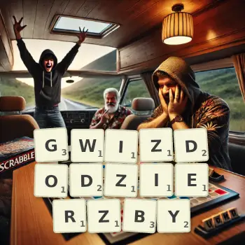 Kreatywna ilustracja do gry w Scrabble ze słowem GWIZDODZIERZBY ułożonym z płytek na planszy.