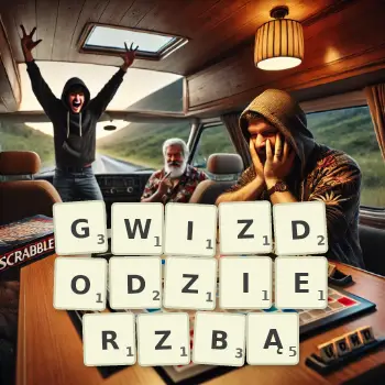 Kreatywna ilustracja do gry w Scrabble ze słowem GWIZDODZIERZBĄ ułożonym z płytek na planszy.