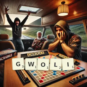 Kreatywna ilustracja do gry w Scrabble ze słowem GWOLI ułożonym z płytek na planszy.