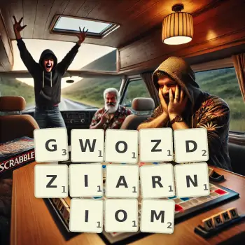 Kreatywna ilustracja do gry w Scrabble ze słowem GWOZDZIARNIOM ułożonym z płytek na planszy.