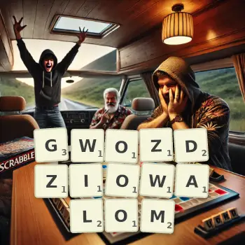 Kreatywna ilustracja do gry w Scrabble ze słowem GWOZDZIOWALOM ułożonym z płytek na planszy.