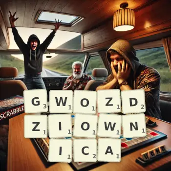 Kreatywna ilustracja do gry w Scrabble ze słowem GWOZDZIOWNICA ułożonym z płytek na planszy.