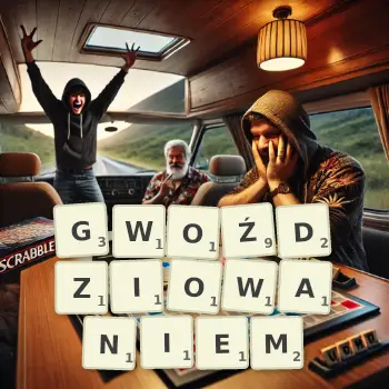 Kreatywna ilustracja do gry w Scrabble ze słowem GWOŹDZIOWANIEM ułożonym z płytek na planszy.
