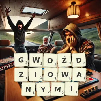 Kreatywna ilustracja do gry w Scrabble ze słowem GWOŹDZIOWANYMI ułożonym z płytek na planszy.