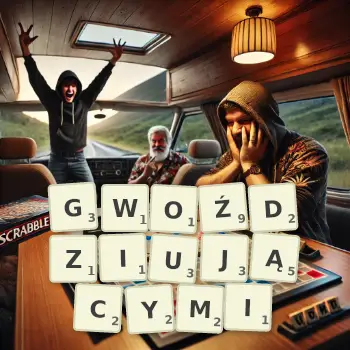 Kreatywna ilustracja do gry w Scrabble ze słowem GWOŹDZIUJĄCYMI ułożonym z płytek na planszy.