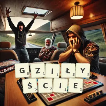 Kreatywna ilustracja do gry w Scrabble ze słowem GZIŁYŚCIE ułożonym z płytek na planszy.