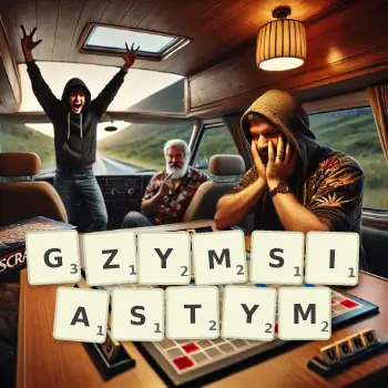 Kreatywna ilustracja do gry w Scrabble ze słowem GZYMSIASTYM ułożonym z płytek na planszy.