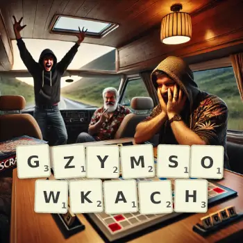 Kreatywna ilustracja do gry w Scrabble ze słowem GZYMSOWKACH ułożonym z płytek na planszy.