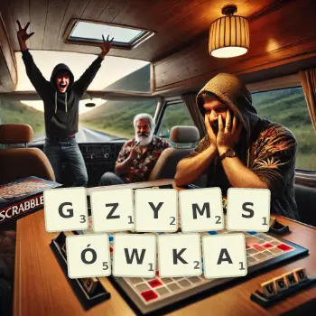 Kreatywna ilustracja do gry w Scrabble ze słowem GZYMSÓWKA ułożonym z płytek na planszy.